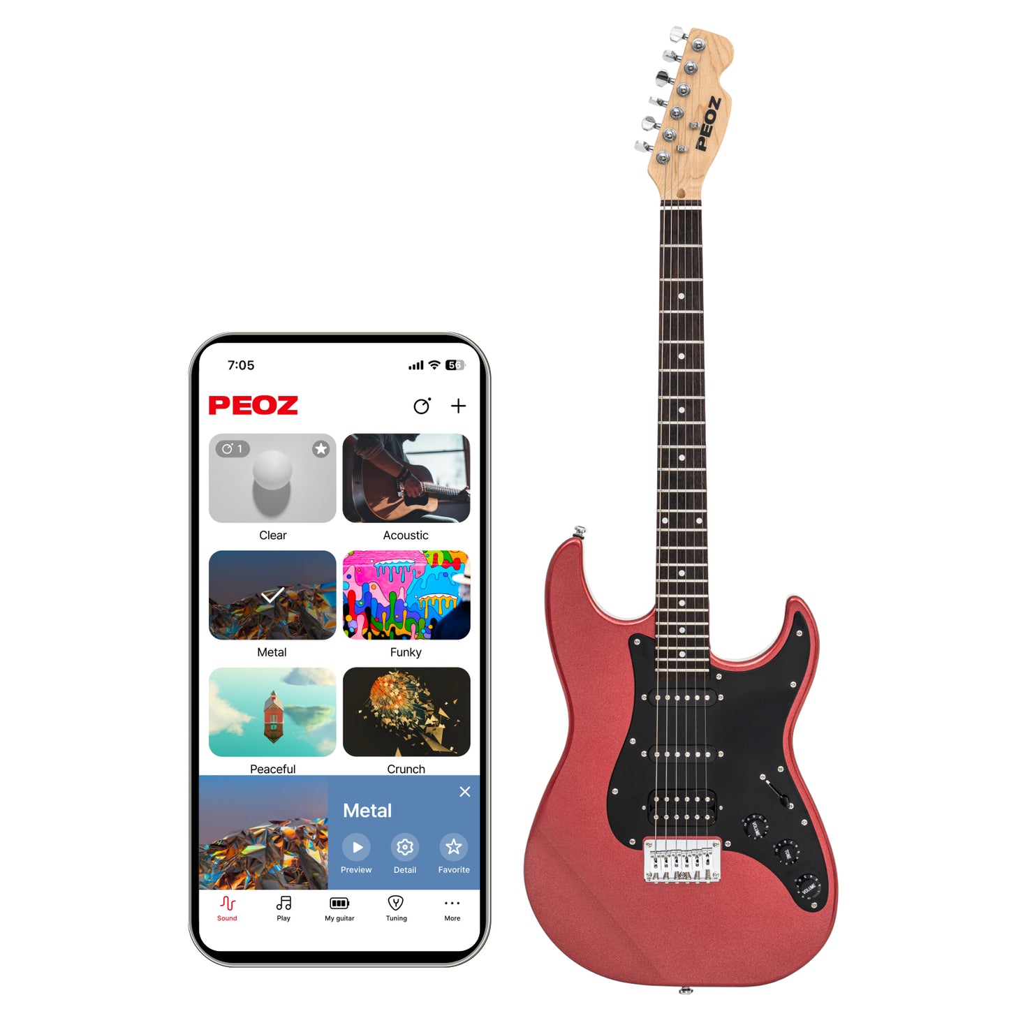 PEOZ Smart Guitar – 30 Built-in Effects, App Control, 5W Speaker, Strat-Type, Easy Setup for Home Studio, Street Performance, and Beginners