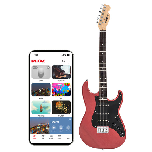 PEOZ Smart Guitar – 30 Built-in Effects, App Control, 5W Speaker, Strat-Type, Easy Setup for Home Studio, Street Performance, and Beginners