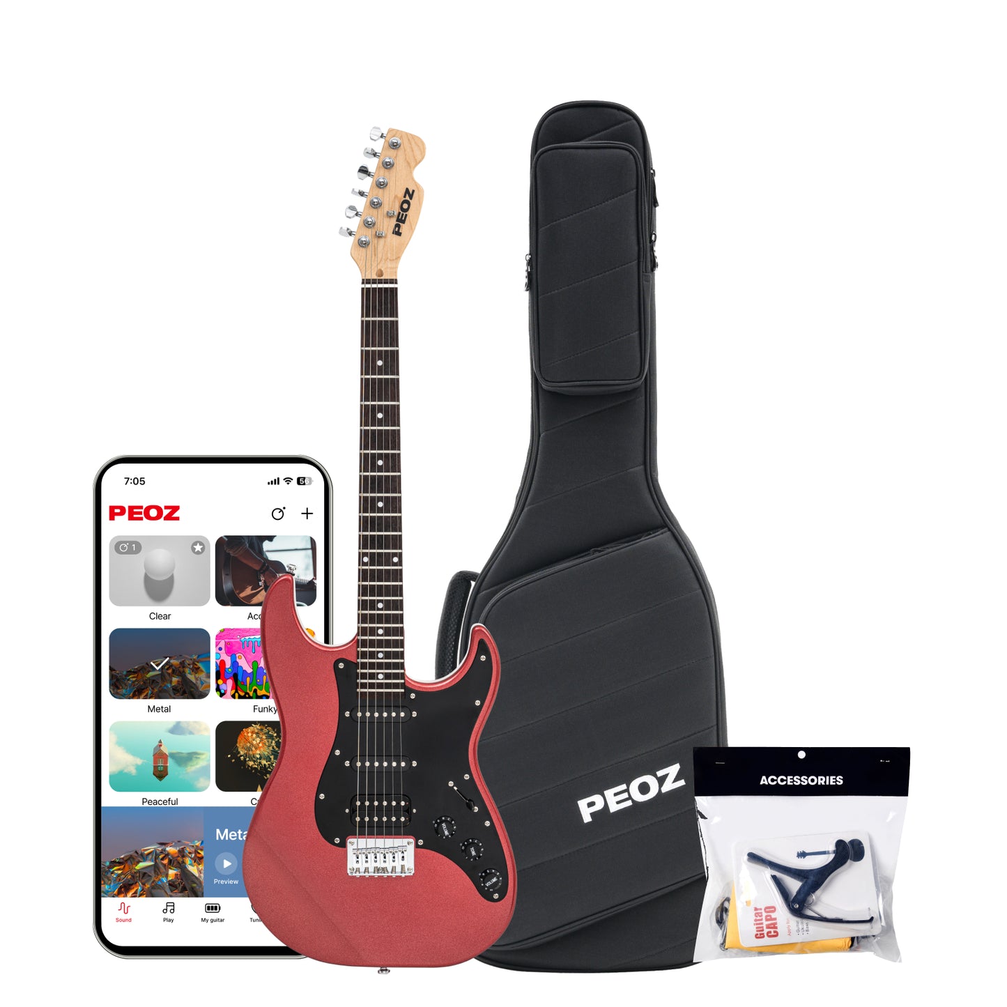 PEOZ Smart Guitar – 30 Built-in Effects, App Control, 5W Speaker, Strat-Type, Easy Setup for Home Studio, Street Performance, and Beginners